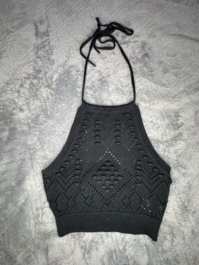 Black Crochet Halter Crop Top - Women's Knit Halter